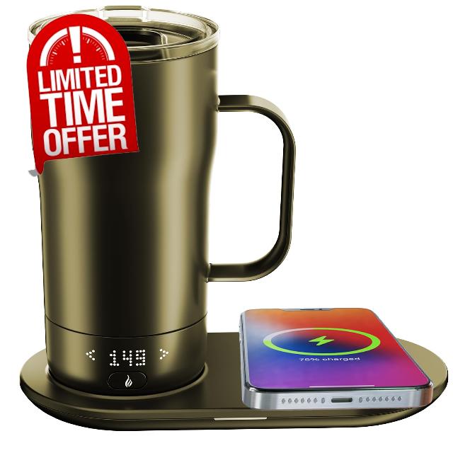 Smart Self Heating Coffee Mug 18 Oz Temperature Control Heated Coffee Mug App Controlled Warmer Mug 5-10 Hour LED Display Keep Coffee Hot All Day Fast Wireless Charger Base Light Yellow