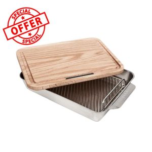 Ooni Medium 15" x 10" Roasting Pan - Non Stick Stainless Steel Roasting Tray with Rack and Wooden Carving Meat Board
