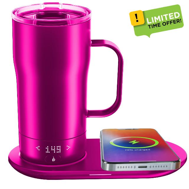 Smart Self Heating Coffee Mug 18 Oz Temperature Control Heated Coffee Mug App Controlled Warmer Mug 5-10 Hour LED Display Keep Coffee Hot All Day Fast Wireless Charger Base Orange Red