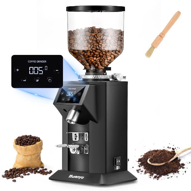 Huanyu Commercial Coffee Grinder with 53ounce Bean Hopper 74mm Flat Burr 15 Stepless Grinding Settings Electric Coffee Grinder with Touching Screen