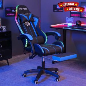 Gaming Chair Massage with LED RGB Lights and Footrest Ergonomic Computer Chair High Back Video Game Chair with Adjustable Lumbar Support Linkage Armrest Blue and Black