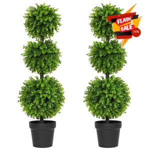 Luyue 2 Pack Artificial Boxwood Ball 3FT Fake Boxwood Topiary Tree Set of 2 Faux 3 Balls Tree Topiary in Pot Boxwood Ball Plant for Outdoor Front Door Porch Plant Tree Outdoor Topiary Tree