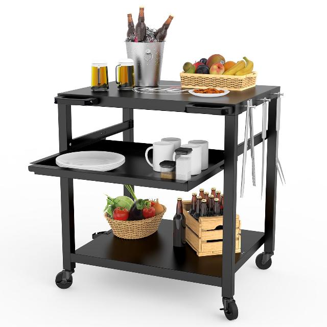 NUUK Outdoor Grill Prep Table 24"x30" Metal Grill Cart Outside Movable Kitchen Island 3-Layer Pizza Oven Table with Wheels for BBQ Backyard Patio