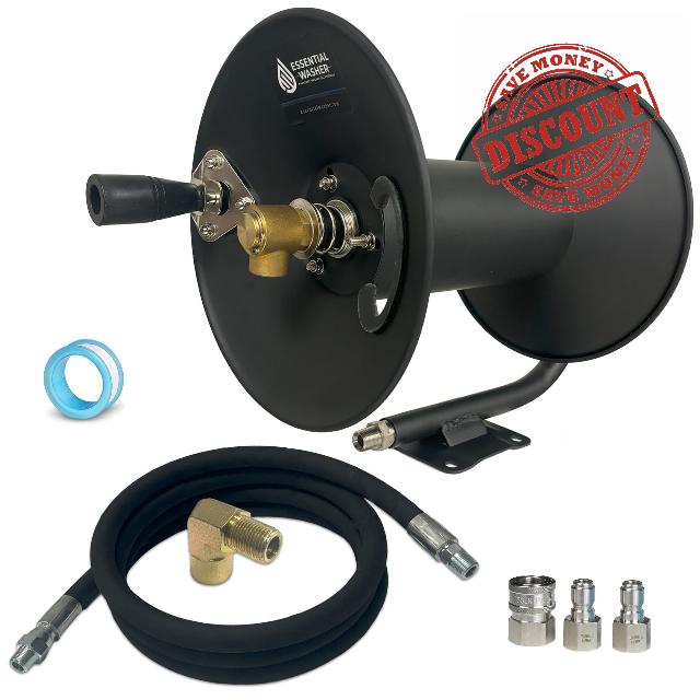 ESSENTIAL WASHER Pressure Washer Hose Reel 100 FT Kit | 4000 PSI Power Washer Hose Reel | Made For 3/8" Hose | 8 FT Whip Line | Comes With Additional Accessories | (Assembly Required)
