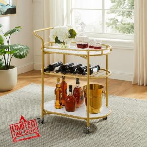 Square Gold Bar Carts with 3 Tier Storage Shelves Holder Home and Rotating Wheels for Home Kitchen