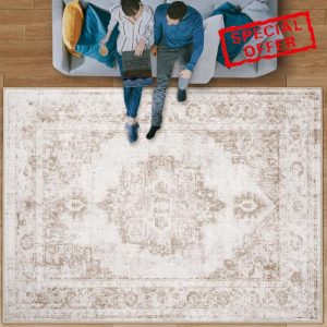 Area Rug 9x12 Vintage Rug: Large Washable Indoor Medallion Rug Low Pile Distressed Floor Carpet Retro Accent Rug for Living Room Bedroom Kitchen Dining Table Home Office(Beige