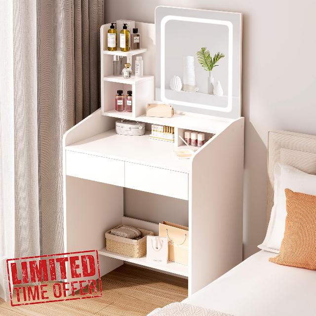 Small Vanity Desk Set with Square Mirror and Light- Vanity Desk with Drawer- Pure White