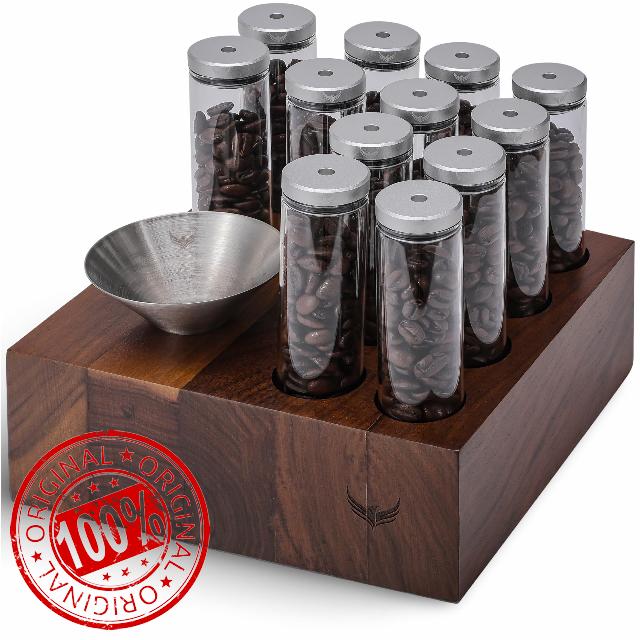 UniFlow Single Dose Coffee Bean Storage Tubes 12 pcs Glass Espresso Dosing Vials with One-Way Exhaust Valve Lids