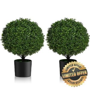 Set of 2 Pack Artificial Boxwood Topiary Ball Trees 21.6''