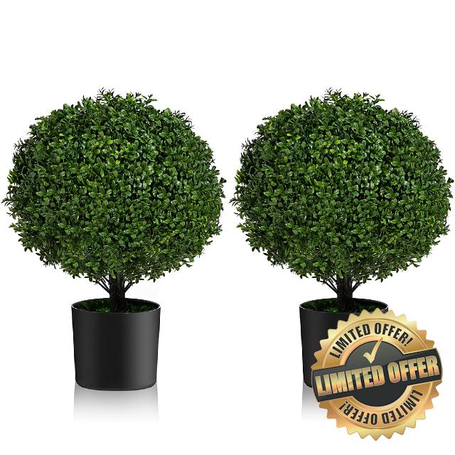 Set of 2 Pack Artificial Boxwood Topiary Ball Trees 21.6''