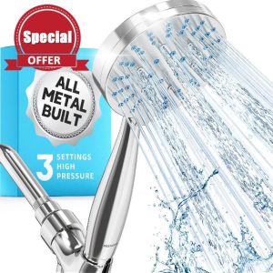 ALL METAL 3 Settings Handheld Shower Head with Hose and Brass Holder