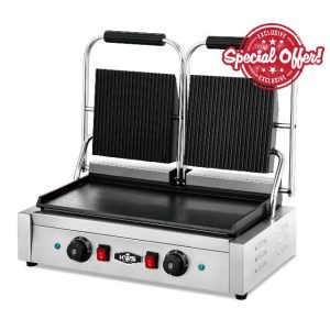 KWS PFM-23 3400W Electric Panini Press Maker with Grooved Top & Smooth Bottom Sandwich Toasting Grill – 19″ X 9″ Cooking Surface
