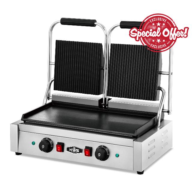KWS PFM-23 3400W Electric Panini Press Maker with Grooved Top & Smooth Bottom Sandwich Toasting Grill – 19″ X 9″ Cooking Surface
