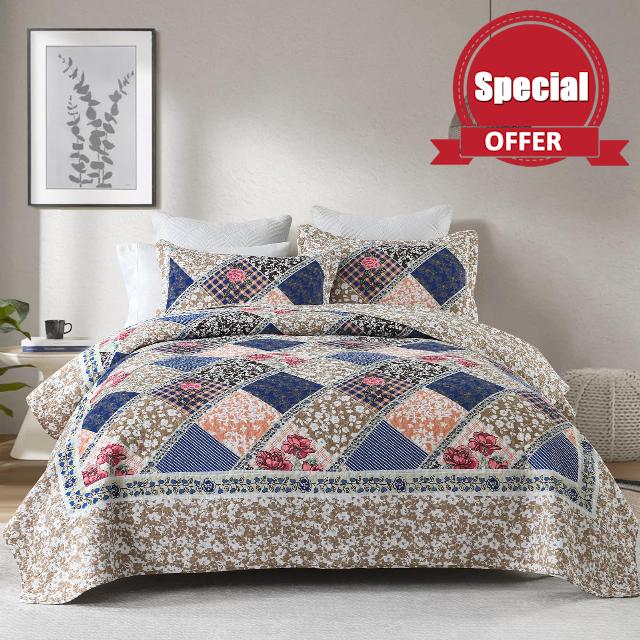 Floral King Bedspread 120x120-100% Cotton Oversized Quilt