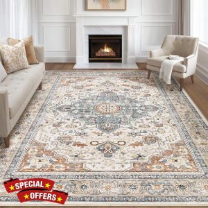 9x12 Area Rug Living Room Rugs: Large Soft Machine Washable Boho Vintage Stain Resistant Floral Bedroom Rug Neutral Farmhouse Low Pile Distressed Carpet for Dorm Nursery Dining Room Office- Beige Blue