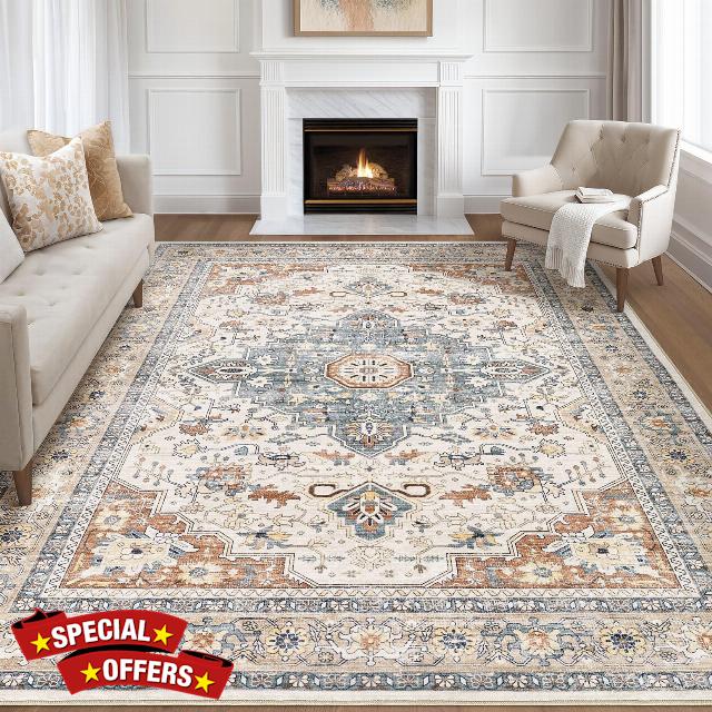 9x12 Area Rug Living Room Rugs: Large Soft Machine Washable Boho Vintage Stain Resistant Floral Bedroom Rug Neutral Farmhouse Low Pile Distressed Carpet for Dorm Nursery Dining Room Office- Beige Blue