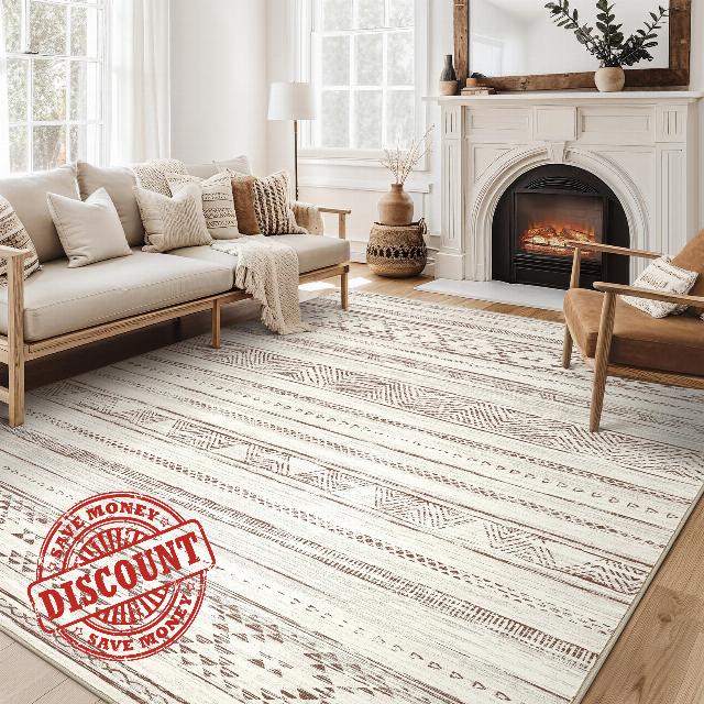9x12 Area Rug Living Room Rugs - Washable Large Soft Boho Neutral Geometric Moroccan Modern Rug for Bedroom Dining Room Home Office Non Slip Low Pile Farmhouse Carpet Indoor - Cream Brown