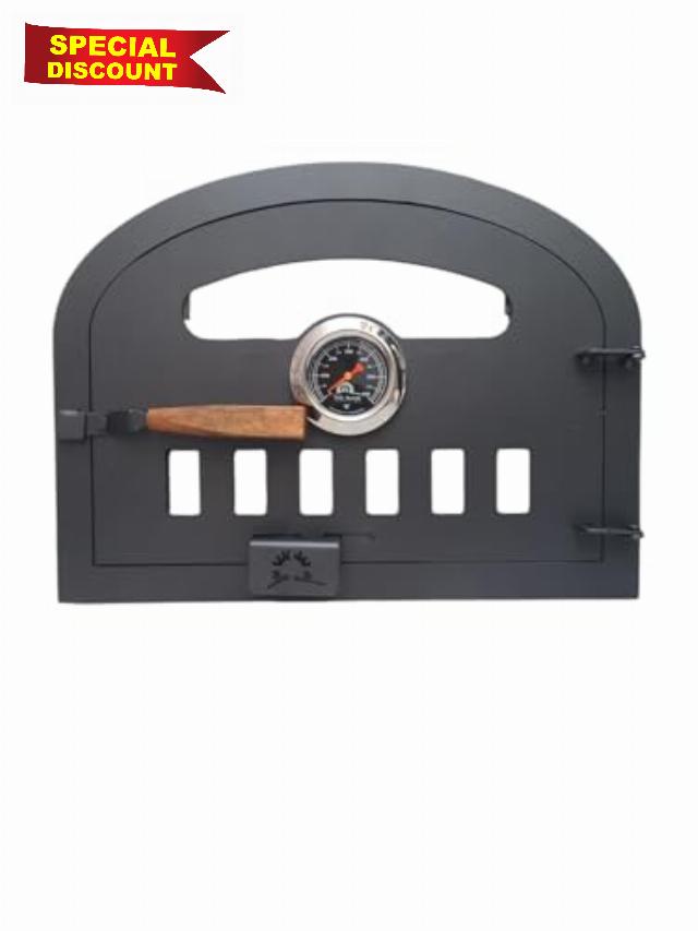 Pizza Oven Door - With front pyrometer clock (Indoor & Outdoor) - Cast Iron or Steel (Design 6 – Large Steel - Glass)
