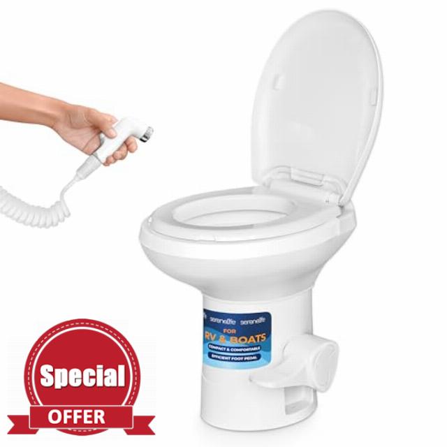 SereneLife RV Toilet with Hand Sprayer and Bidet - Standard Height