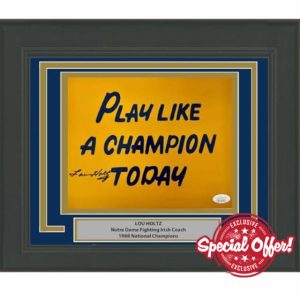 Framed Autographed/Signed Lou Holtz Play Like A Champion Today Notre Dame Irish 8x10 College Football Photo JSA COA