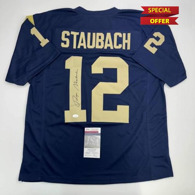 Autographed/Signed Roger Staubach Navy Midshipmen Blue College Football Jersey JSA COA