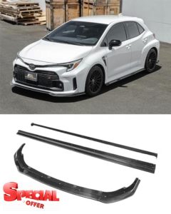 Replacement for 2023-Present Toyota E210 GR Corolla Models | GR Style Carbon Fiber Front Bumper Lip Chin Spoiler Splitter & Side Skirts Rocker Panel Extension Pair (Carbon Fiber)