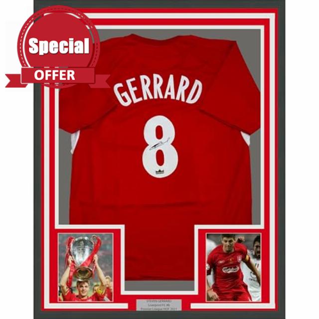 Framed Facsimile Autographed Steven Gerrard 35x39 Liverpool FC Red Reprint Laser Auto Soccer Jersey