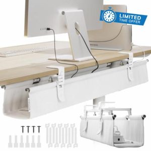 CableCare No Drill Under Desk Cable Management Tray 40.6" - for Desk Wire Management - Premium White Fabric to Hide Cords - Clamp/Screw Mount - Supports Upto 66lbs - Cable Management Under Desk