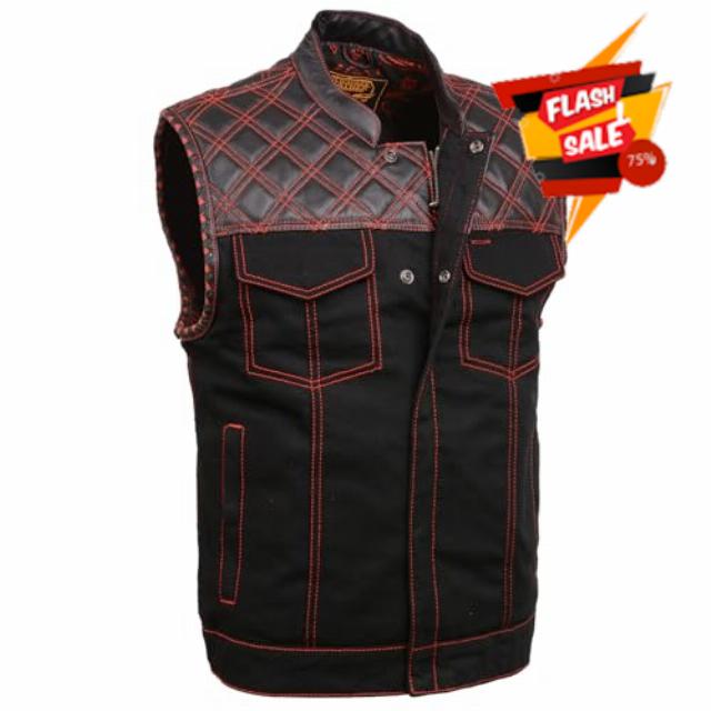 Mens Motorcycle Denim Riding Patchholder Collar/Collarless Light weight Club Style Vest Variety of Colors