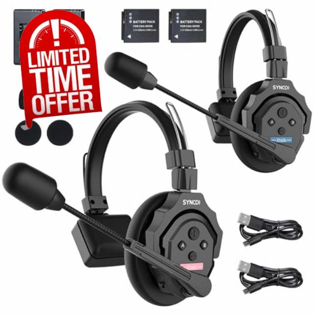 SYNCO Xtalk X2 2-Person Wireless Intercom Headset System 2.4G Wireless Headset with Microphone Built-in Battery 350M/1148ft Transmission 3.5mm Real-time Monitoring for Filmmaking Live Broadcasting