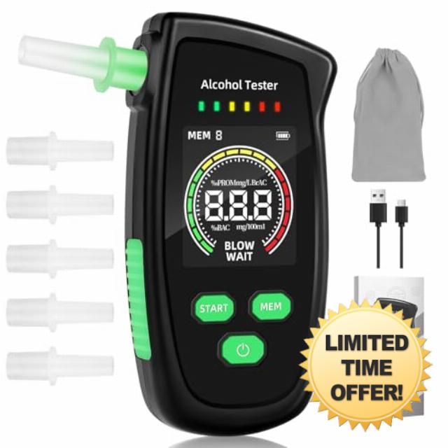 Faazy Alcohol Breathalyzer UK Breathalyser Tester - Alcohol Tester with 5Pcs Mouthpieces High Accuracy Long Standby Time Alcohol Breath Tester Kit with Large Digital LCD Scree