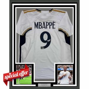 Framed Facsimile Autographed Kylian Mbappe 35x39 Real Madrid White Reprint Laser Auto Soccer Jersey