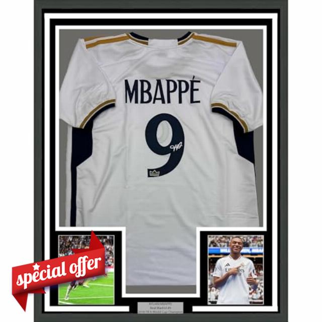 Framed Facsimile Autographed Kylian Mbappe 35x39 Real Madrid White Reprint Laser Auto Soccer Jersey