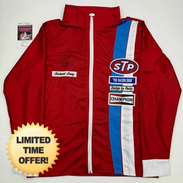 Autographed/Signed Richard Petty NASCAR Auto Red Racing Jacket JSA COA