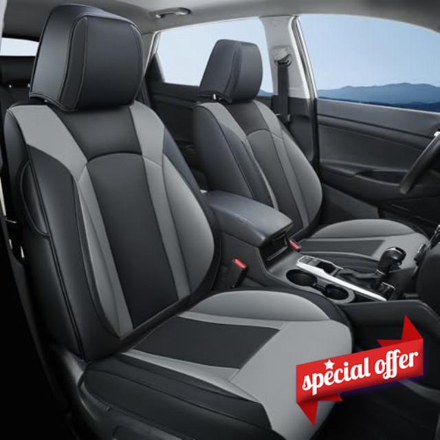 FREESOO Car Seat Covers Full Set - Faux Leather Universal Automotive Seat Covers Fit for Most Cars Trucks SUVs with Waterproof Leatherette BlackGrey