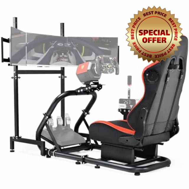 Anman Racing Simulator Cockpit with Bluetooth Speakers Seat & Triple Monitor Stand Fit for Logitech/Thrustmaster/Fanatec G29/G920/G923/T248/T300