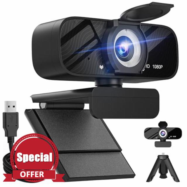 Full HD 1080P Video Webcam and Wide Angle Camera with Built-in Microphone and Rotatable Tripod