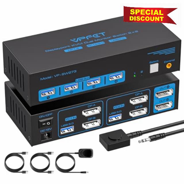 AILVLVNG 4K@144Hz Displayport KVM Switch 2 Monitors 2 Computers USB3.0 KVM Switch Dual Monitor for 2 Computers Share 2 Monitors and 4 USB Devices Support Extended/Copy Mode With Desktop Controlle