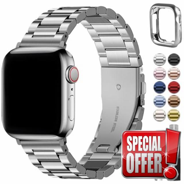 Fullmosa Compatible with Apple Watch Straps Series 9 8 7 45mm Ultra 49mm Series 6 SE/SE2 5 4 44mm Series 3 42mm Metal Stainless Steel Replacement iWatch Bands Silver & Protective Case