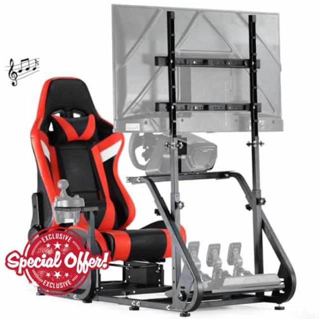 Anman Racing Simulator Cockpit Red Seat with Bluetooth Speakers Monitor Mount Fits for Logitech/Thrustmaster/PS4 G25 G27 G29 G920 T150