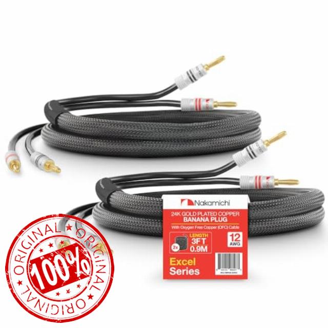 Nakamichi Excel Series 24k Gold Plated Banana Plug with (3 Feet) Speaker Cable Wire 99.9% Oxygen-Free Copper (OFC) Heavy Duty Braided In-Wall CL2 Rated - Black (12AWG / 3ft / 0.9m) 2-Pack
