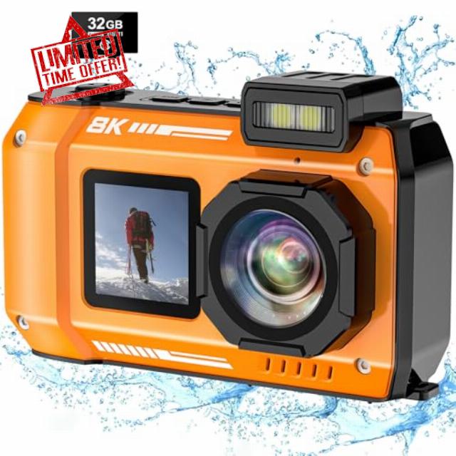 8K UHD Underwater Camera 33FT Autofocus 70MP Rugged Dustproof Shockproof Digital Camera Waterproof Camera Dual-Screen Selfie Underwater Photograph Camera with 32GB Card