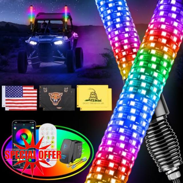 2PCS 2FT Fat Whip Lights for UTV ATV with Spring Base