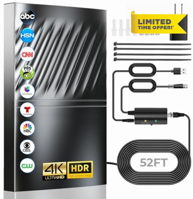 2024 Newest TV Antenna Indoor Smart Digital Up to 2200+ Miles-HD TV Antenna Outdoor for Local Channels with Amplifier and Signal Booster-52ft Coax HDTV Cable/AC Adapter-Support 8K 4K 1080p