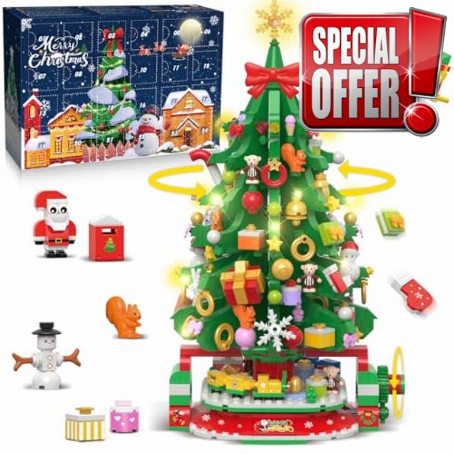 Advent Calendar 2024 Rotating Christmas Tree with LED Light Building Set