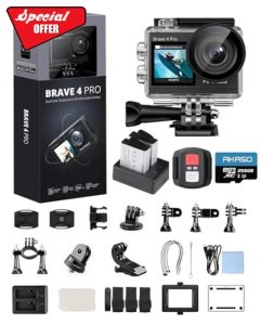 AKASO Brave 4 Pro 4K30 Action Camera with 256GB MicroSD U3 Card 131FT Underwater Waterproof Camera EIS Touch Screen Remote Control with 2x1350mAh Batteries and Helmet Accessories Kit Bundle