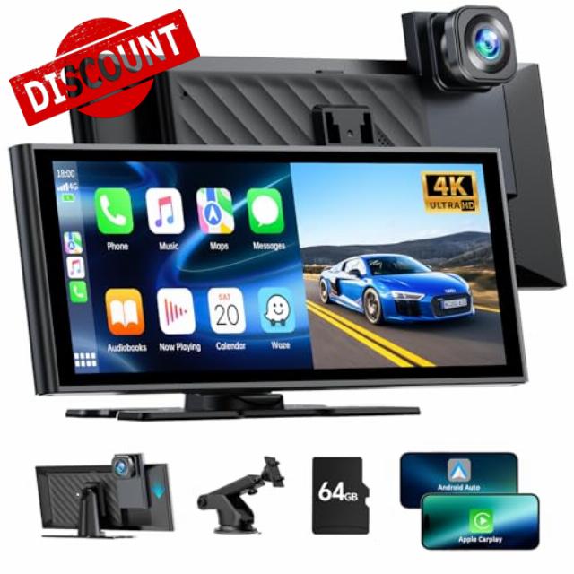 LAMTTO Wireless Car Stereo for Apple Carplay Android Auto with 4K Front Dash Cam
