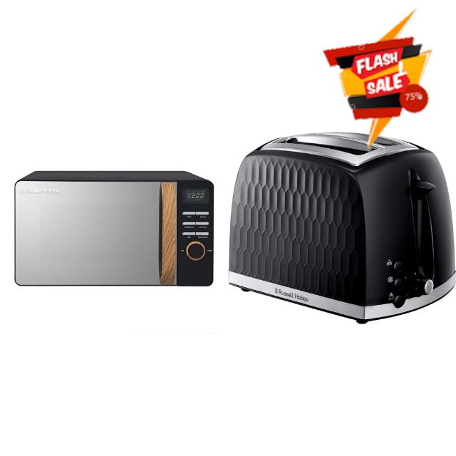 Russell Hobbs RHMD714B-N 17L 700w Scandi Black Digital Microwave with 5 Power Levels & 26061 2 Slice Toaster - Contemporary Honeycomb Design with Extra Wide Slots and High Lift Feature