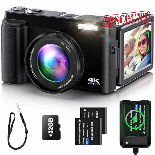 4K Digital Camera for Photography Auto-Focus Vlogging Camera for YouTube Video with 3'' 180° Flip Screen 16X Anti-Shake 4K Camera Compact Cameras with SD Card