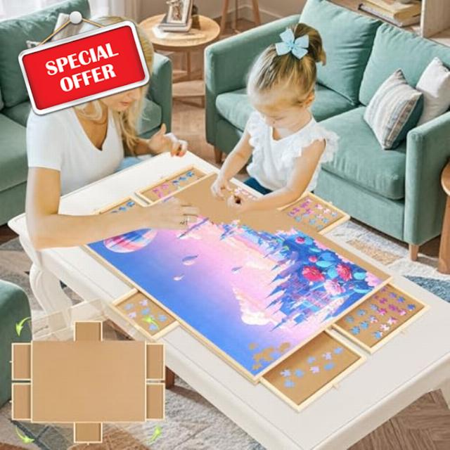 Wooden Rotating Puzzle Board with 6 Drawers and Cover